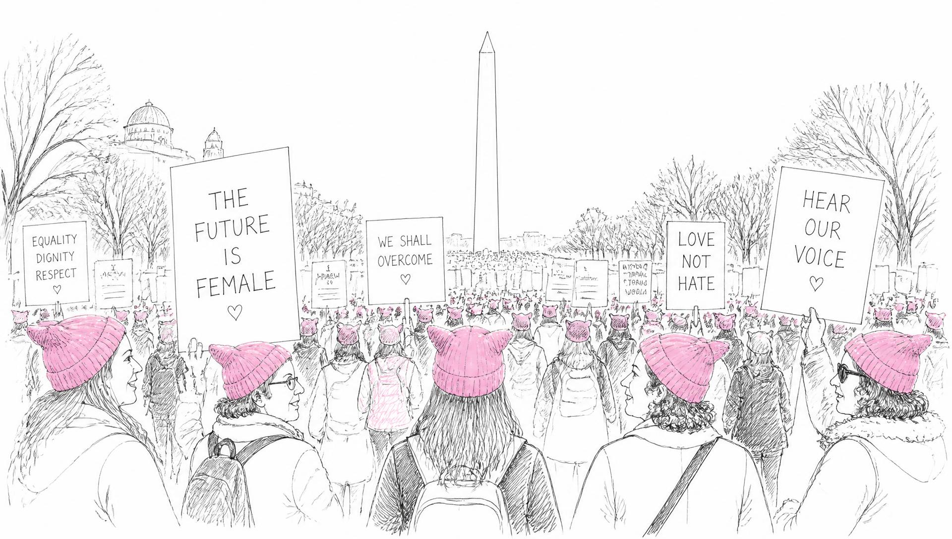 Sketch of the Women's March on Washington with pink hats and the Washington Monument